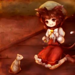 Rule 34 | 1girl, absurdres, amano jack, animal, animal ears, bad id, bad pixiv id, bow, brown eyes, brown hair, cat, cat ears, cat tail, chen, female focus, fish, hat, highres, kneeling, multiple tails, shoes, short hair, sitting, socks, solo, tail, touhou
