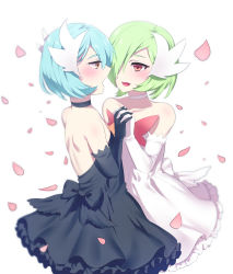Rule 34 | 2boys, absurdres, akagi kurage, alternate color, androgynous, aqua hair, backless dress, backless outfit, bare shoulders, black dress, black gloves, blush, choker, collarbone, creatures (company), dress, elbow gloves, eye contact, frilled dress, frills, game freak, gardevoir, gen 3 pokemon, gender request, gloves, green hair, hair ornament, hair over one eye, highres, holding hands, looking at another, male focus, mega gardevoir, mega pokemon, multiple boys, nintendo, open mouth, personification, petals, pokemon, red eyes, shiny and normal, shiny pokemon, short hair, standing, trap, white dress, white gloves, yaoi, yellow eyes