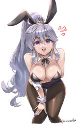 Rule 34 | 1girl, :d, alternate costume, animal ears, black leotard, breasts, burnt green tea, cleavage, commentary request, fake animal ears, feet out of frame, fire emblem, fire emblem: genealogy of the holy war, grey hair, hair between eyes, ishtar (fire emblem), large breasts, leotard, long hair, looking at viewer, nail polish, nintendo, open mouth, playboy bunny, ponytail, purple eyes, purple nails, rabbit ears, smile, solo, standing, strapless, strapless leotard, thighs, very long hair, wrist cuffs