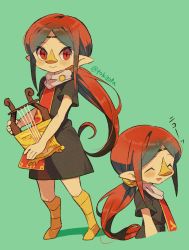 Rule 34 | 1girl, artist name, beak, black dress, blush, closed mouth, commentary request, dress, eyelashes, closed eyes, green background, headband, highres, holding, holding instrument, instrument, looking at viewer, medli, multiple views, nintendo, open mouth, pointy ears, ponytail, red eyes, red hair, shadow, short sleeves, simple background, smile, standing, the legend of zelda, tokuura, translation request, twitter username, watermark