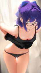 Rule 34 | 1girl, a-chan (hololive), alternate costume, bare shoulders, black-framed eyewear, black dress, black panties, blue bow, blue eyes, blue hair, bow, breasts, closed mouth, clothes lift, cohi27151463, collarbone, dress, dress lift, glasses, hair bow, half updo, highres, hololive, leaning forward, looking at viewer, navel, panties, short hair, small breasts, smile, solo, stomach, thighs, underwear, virtual youtuber
