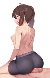 Rule 34 | 1boy, 1girl, absurdres, ahoge, ass, back, bike shorts, black shorts, blue eyes, blush, breasts, brown hair, buttjob, buttjob over clothes, closed mouth, commission, female commander (girls&#039; frontline), girls&#039; frontline, grinding, hetero, highres, looking back, multicolored hair, nekobao, nipples, original, penis, shorts, side ponytail, sitting, sitting on person, small breasts, streaked hair, tongue, tongue out, uncensored