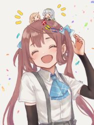 Rule 34 | 3girls, ^ ^, arm up, arm warmers, asagumo (kancolle), ascot, blue ascot, blush, brown hair, chibi, chibi on head, closed eyes, collared shirt, commentary request, confetti, danish flag, dress shirt, eyebrows hidden by hair, facing viewer, grey background, grey hair, grey skirt, hair rings, head tilt, japanese flag, kantai collection, light brown hair, long sleeves, minegumo (kancolle), mini person, minigirl, multiple girls, notice lines, nuno (pppompon), on head, pleated skirt, shirt, short sleeves, signature, simple background, skirt, string of flags, suspender skirt, suspenders, twintails, upper body, white shirt, yamagumo (kancolle)