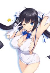 Rule 34 | 1girl, ;q, armpits, arms up, black hair, blue eyes, blue ribbon, blunt bangs, breasts, cleavage, covered navel, cowboy shot, cradle (2849), detached sleeves, dress, dungeon ni deai wo motomeru no wa machigatteiru darou ka, gloves, hair ornament, hestia (danmachi), highres, large breasts, long hair, looking at viewer, neck ribbon, one eye closed, rei no himo, ribbon, short dress, sideboob, sleeveless, sleeveless dress, solo, split mouth, star (symbol), tongue, tongue out, twintails, v, v over eye, very long hair, white dress, white gloves, wink