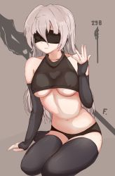 Rule 34 | 1girl, blindfold, breasts, covered eyes, folait, medium breasts, navel, nier (series), nier:automata, original, polearm, solo, spear, underboob, weapon
