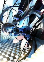 Rule 34 | 10s, 1girl, arm cannon, black hair, black rock shooter, black rock shooter (character), blue eyes, female focus, gradient background, highres, solo, sword, weapon, xephonia