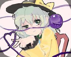 Rule 34 | 1girl, artist request, bad drawr id, bad id, black hat, blouse, blush, bow, chair, closed mouth, eyeball, frilled sleeves, frills, green eyes, grey hair, hair between eyes, half-closed eye, hand up, hat, hat bow, heart, heart in eye, heart of string, jaggy lines, komeiji koishi, long sleeves, looking at viewer, medium hair, oekaki, on chair, pink background, shiny skin, shirt, smile, solo, symbol in eye, third eye, touhou, uneven eyes, upper body, v, wide sleeves, wooden chair, yellow bow, yellow shirt
