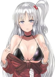 Rule 34 | 1girl, bare shoulders, bikini, bikini under clothes, black bikini, black choker, blush, breasts, choker, cleavage, collarbone, commentary request, dress, hair bobbles, hair ornament, highres, large breasts, long hair, long sleeves, looking at viewer, off shoulder, one side up, parted lips, red dress, shinki (touhou), silver hair, simple background, solo, swimsuit, touhou, touhou (pc-98), undressing, upper body, very long hair, white background, y2