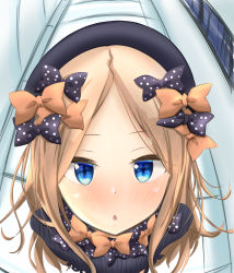 Rule 34 | 1girl, abigail williams (fate), artist request, black bow, black dress, black hat, blonde hair, blue eyes, bow, breasts, chestnut mouth, dress, fate/grand order, fate (series), forehead, hair bow, hat, highres, long hair, looking at viewer, looking up, multiple hair bows, open mouth, orange bow, parted bangs, polka dot, polka dot bow, ribbed dress, sleeves past fingers, sleeves past wrists, small breasts