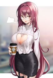 Rule 34 | 1girl, :d, arm behind back, bespectacled, black skirt, black thighhighs, blush, breasts, cleavage, cleavage cutout, clothing cutout, commentary, cowboy shot, cup, disposable cup, earrings, fate/grand order, fate (series), garter straps, glasses, hair between eyes, heart cutout, highres, holding, holding cup, jewelry, k pring, large breasts, long hair, long sleeves, looking at viewer, no bra, open mouth, pencil skirt, purple eyes, purple hair, scathach (fate), shirt, sidelocks, skirt, smile, solo, thighhighs, unfinished, white background, white shirt, zettai ryouiki