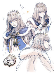 Rule 34 | &gt; o, 1boy, blue cape, blue eyes, blush, cape, chibi, closed mouth, diamond hairband, fate/grand order, fate (series), fur-trimmed cape, fur trim, highres, looking at viewer, lying, male focus, medium hair, multiple views, oberon (fate), on back, one eye closed, open mouth, profile, shichimi (ftlvampire32), silver hair, sleeping, smile, thinking, two-tone cape, upper body, white background, white cape