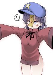 Rule 34 | 1girl, bags under eyes, black ribbon, blue hat, blush, bottomless, breasts, cabbie hat, closed mouth, commentary request, cowboy shot, expressionless, expressive clothes, gluteal fold, hat, hat ornament, highres, jiangshi, looking afar, medium bangs, medium breasts, medium hair, miyako yoshika, neck ribbon, ofuda, parted bangs, purple eyes, purple hair, red shirt, ribbon, shika miso, shirt, simple background, sleeves past fingers, sleeves past wrists, solo, standing, star (symbol), star hat ornament, touhou, translation request, upturned eyes, white background, wide sleeves