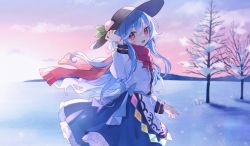 Rule 34 | 1girl, black hat, blue hair, blue skirt, blush, buttons, food, food-themed hat ornament, frilled skirt, frills, fruit, fruit hat ornament, hair between eyes, hat, hat ornament, highres, hinanawi tenshi, long hair, long sleeves, nig 18, open mouth, peach, peach hat ornament, rainbow order, red eyes, red scarf, scarf, shirt, skirt, smile, solo, touhou, white shirt