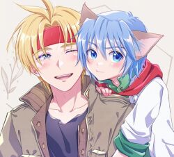 Rule 34 | 19670615t, 2boys, animal ears, blonde hair, blue eyes, blue hair, cat ears, claude kenni, closed mouth, collarbone, headband, lab coat, leon geeste, looking at viewer, male focus, multiple boys, one eye closed, open mouth, short hair, smile, star ocean, star ocean the second story