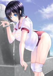 Rule 34 | 1girl, bad id, bad nicoseiga id, black hair, blue eyes, breasts, buruma, cloud, day, drinking fountain, gradient background, gym uniform, large breasts, looking at viewer, original, ponytail korosuke, see-through, short hair, sky, solo, water, wet, wet clothes