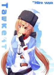 Rule 34 | 1girl, anchor, black hat, brown eyes, brown hair, character name, cyrillic, fur hat, hair between eyes, hair ornament, hairclip, hand up, hat, hiiro yuya, jacket, kantai collection, long hair, long sleeves, looking at viewer, papakha, smile, solo, standing, tashkent (kancolle), twintails, twitter username, white background
