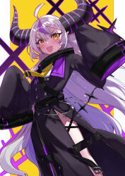 Rule 34 | 1girl, ahoge, ascot, belt, belt buckle, black belt, black horns, braid, braided bangs, buckle, chain, collar, fang, grey hair, highres, hololive, horns, la+ darknesss, la+ darknesss (1st costume), long hair, metal collar, multicolored hair, o-ring, open mouth, pointy ears, purple hair, skin fang, sleeves past fingers, sleeves past wrists, solo, streaked hair, striped horns, virtual youtuber, yellow ascot, yellow eyes, yun-yang