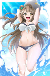 Rule 34 | 1girl, arms up, ball, bikini, blue sky, bow, breasts, brown eyes, brown hair, cleavage, cloud, commentary request, cowboy shot, day, green bow, groin, highres, kirisaki reina, large breasts, lens flare, long hair, love live!, love live! school idol project, minami kotori, navel, one side up, open mouth, outdoors, round teeth, sky, smile, solo, swimsuit, teeth, two-tone bikini, upper teeth only