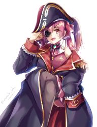 Rule 34 | 1girl, bad id, bad pixiv id, breasts, brown pantyhose, commentary request, crossed legs, dated, eyepatch, fang, gold trim, hair between eyes, hat, highres, hololive, houshou marine, jacket, looking at viewer, military jacket, open mouth, pantyhose, pirate hat, red eyes, red hair, simple background, solo, twitter username, virtual youtuber, white background