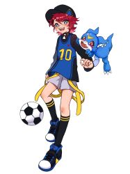 Rule 34 | ball, digimon, digimon (creature), fang, highres, looking at viewer, open mouth, original, simple background, smile, soccer ball, v-mon, white background
