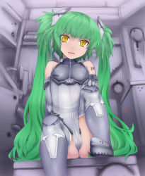 Rule 34 | 1girl, :o, abubu, arm behind back, barcode, bare shoulders, bodysuit, boots, breasts, cameltoe, covered erect nipples, elbow gloves, gloves, green hair, grey gloves, grey thighhighs, hair ornament, halterneck, hand on own knee, head tilt, knee up, leotard, long hair, open mouth, original, science fiction, sitting, sketch, small breasts, solo, tattoo, thigh boots, thighhighs, turtleneck, twintails, very long hair, yellow eyes