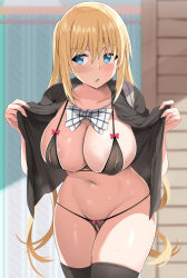 Rule 34 | 1girl, black bra, black panties, black shirt, black thighhighs, blend s, blonde hair, blue eyes, bow, bowtie, bra, breasts, cleavage, commentary request, cowboy shot, groin, hinata kaho, large breasts, long hair, looking at viewer, navel, nipples, noripachi, open clothes, open shirt, panties, parted lips, shirt, short sleeves, skindentation, solo, stomach, string bra, string panties, sweat, thighhighs, thighs, twintails, underwear, very long hair