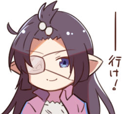 Rule 34 | 1girl, arito arayuru, black hair, blue eyes, commentary request, eyepatch, granblue fantasy, jacket, long hair, looking at viewer, lowres, lunalu (granblue fantasy), pointy ears, simple background, smile, solo, track jacket, translation request, white background