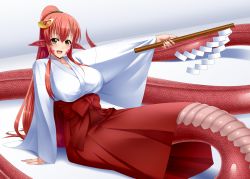 Rule 34 | 10s, 1girl, :d, breasts, dutch angle, fang, gohei, hakama, hakama skirt, highres, japanese clothes, kagiyama (clave), lamia, large breasts, long hair, miia (monster musume), miko, monster girl, monster musume no iru nichijou, open mouth, pointy ears, ponytail, red hair, scales, shadow, sidelocks, sitting, skirt, slit pupils, smile, solo, very long hair, yellow eyes