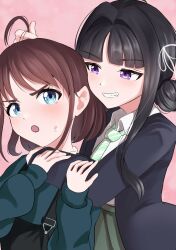 2girls absurdres ahoge awa_subaru black_hair black_jacket black_overalls blue_eyes blue_sweater blush brown_hair clenched_teeth collared_shirt commentary_request diagonal-striped_clothes diagonal-striped_necktie girls_band_cry green_necktie green_skirt hair_bun hair_down hair_intakes hand_in_another&#039;s_hair highres iseri_nina jacket long_hair long_sleeves multiple_girls nanafuku necktie open_mouth overalls parted_bangs partial_commentary purple_eyes school_uniform shirt short_hair sidelocks single_side_bun skirt striped_clothes sweatdrop sweater teeth white_shirt yuri