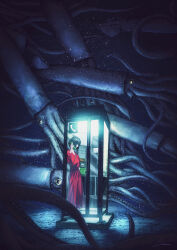 Rule 34 | 1girl, absurdres, black hair, commentary, dark, dress, faceless, flying animal, from outside, giant squid, highres, hiromumaru, holding, holding phone, indoors, light particles, night, original, phone, phone booth, red dress, short hair, solo focus, squid, standing, talking on phone, tentacles, too many, underwater, yellow eyes