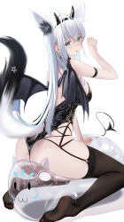 1girl :3 absurdres alternate_costume animal_ear_fluff animal_ears arm_strap ass bare_shoulders black_leotard black_tail black_thighhighs black_wings blush breasts commentary_request crossed_bangs demon_horns demon_wings fake_horns fake_wings fox_ears fox_girl fox_tail from_behind hair_between_eyes halloween_costume hand_up highres hololive horns large_breasts leotard long_hair looking_at_viewer looking_back open_mouth pentagram shirakami_fubuki simple_background sitting sitting_on_object solo tail tanishi_(hetianming11093) thighhighs thighs two-tone_tail virtual_youtuber white_background white_hair white_tail wings