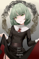 Rule 34 | 1girl, alternate costume, beige background, belt, black belt, black dress, breasts, character name, clothes lift, commentary, cowboy shot, dress, dress lift, english commentary, garter straps, gradient background, green eyes, green hair, grey background, head tilt, highres, komeiji koishi, lifted by self, long sleeves, looking at viewer, medium breasts, neck ribbon, no headwear, parted lips, red ribbon, reeh (yukuri130), ribbon, short hair, smile, solo, standing, touhou