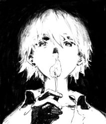 Rule 34 | 1boy, collared shirt, covered mouth, dark, eye reflection, fire, greyscale, hair between eyes, hand up, highres, holding, kgeroua, looking at viewer, looking down, male focus, matches, monochrome, nagisa kaworu, neon genesis evangelion, portrait, reflection, shirt, short hair, simple background, sketch, solo