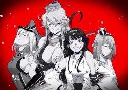 Rule 34 | 10s, 4girls, :d, ahoge, anchor choker, arm around shoulder, bad anatomy, bismarck (kancolle), blonde hair, blue eyes, bow, braid, breasts, brown hair, cleavage, collar, commentary, crown, detached sleeves, dress, elbow gloves, female focus, french braid, gloves, gradient background, green eyes, grin, hair between eyes, hair bow, hairband, hands on own hips, hat, head back, headgear, iowa (kancolle), japanese clothes, jewelry, kantai collection, kongou (kancolle), large breasts, locked arms, long hair, looking at viewer, mini crown, monochrome, multiple girls, necklace, nontraditional miko, open mouth, peaked cap, purple eyes, red background, shirt, sideboob, sidelocks, sleeveless, sleeveless shirt, smile, spot color, star-shaped pupils, star (symbol), strapless, strapless dress, symbol-shaped pupils, tachikoma (mousou teikoku), tongue, tongue out, upper body, warspite (kancolle), yellow eyes
