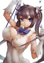 Rule 34 | 10s, 1girl, arm ribbon, arm up, bare shoulders, black hair, blue eyes, bow, breasts, cleavage, cleavage cutout, clothing cutout, covered navel, dress, dungeon ni deai wo motomeru no wa machigatteiru darou ka, female focus, gloves, hair ornament, hair ribbon, hand up, hestia (danmachi), highres, large breasts, long hair, looking at viewer, rei no himo, ribbon, short dress, signature, simple background, sleeveless, sleeveless dress, smile, solo, sowel (sk3), twintails, very long hair, white background, white dress, white gloves
