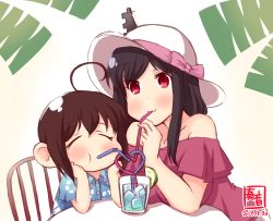 Rule 34 | 2girls, aged down, ahoge, alternate costume, artist logo, bare shoulders, black hair, child, closed eyes, collarbone, crazy straw, cup, dated, dress, drinking, drinking glass, drinking straw, food, fruit, glass, hair ornament, hat, hawaiian shirt, head rest, heart straw, highres, ice, ice cube, kanon (kurogane knights), kantai collection, lime (fruit), multiple girls, red eyes, shared drink, shigure (kancolle), shirt, short hair, short sleeves, sidelocks, signature, sitting, smile, strapless, strapless dress, sun hat, white headwear, yamashiro (kancolle)