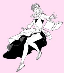 Rule 34 | 1girl, :d, absurdres, bad id, bad pixiv id, black clover, book, breasts, cleavage, commentary request, cross, cross earrings, dress, earrings, highres, jewelry, kazami (wk), long hair, medium breasts, monochrome, nebra silva, open mouth, outstretched hand, pink background, ponytail, sandals, smile, solo