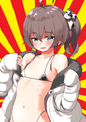 Rule 34 | 1girl, :d, ahoge, bikini, black bikini, blush, brown hair, flat chest, green eyes, hair between eyes, hands up, highres, hololive, jacket, long sleeves, looking at viewer, micro bikini, natsuiro matsuri, navel, one side up, open clothes, open jacket, open mouth, sabaku chitai, sleeves past wrists, smile, solo, standing, swimsuit, undressing, virtual youtuber, white jacket