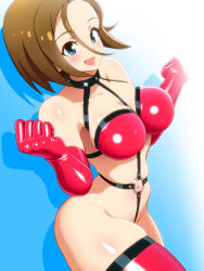 Rule 34 | 1girl, aqua eyes, bikini, breasts, brown hair, elbow gloves, enkaboots, gloves, harness, large breasts, latex, latex gloves, navel, open mouth, original, short hair, swimsuit, thighhighs
