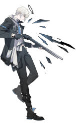 Rule 34 | 1boy, arknights, black gloves, black jacket, black pants, chinese commentary, closed mouth, commentary request, energy wings, executor (arknights), executor (titleless code) (arknights), fingerless gloves, from side, frown, gloves, gun, halo, highres, holding, holding gun, holding weapon, jacket, leaning back, long sleeves, male focus, mechanical halo, official alternate costume, pants, profile, shirt, short hair, shotgun, simple background, solo, standing, standing on one leg, weapon, white background, white hair, white shirt, xiandao1213