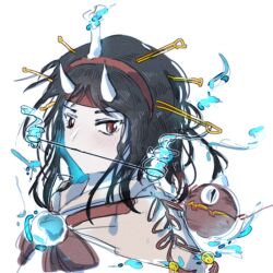 Rule 34 | 1other, androgynous, black hair, blue fire, brown kimono, burabura, candle on head, fire, hairband, hairpin, headband, horns, japanese clothes, kimono, len&#039;en, medium hair, mouth hold, multiple hairpins, other focus, portrait, proton-bonfire, red eyes, red hairband, red headband, taira no chouki, white horns