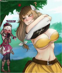 Rule 34 | 2girls, ?, ^ ^, absurdres, belt, beret, black gloves, black thighhighs, blue sky, blush, boots, bra, breasts, brown belt, brown eyes, brown footwear, brown hair, brown headwear, closed eyes, cloud, commentary, day, dress, elinniel, fire emblem, fire emblem engage, framme (fire emblem), gloves, goldmary (fire emblem), grass, grey hair, hair ribbon, hat, highres, large breasts, long hair, multiple girls, navel, nintendo, nose blush, open mouth, outdoors, purple dress, ribbon, skirt, sky, sleeveless, sleeveless dress, standing, stomach, thighhighs, tree, underwear, undressing, upper body, water, white gloves, white ribbon, yellow bra, yellow skirt