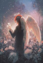 Rule 34 | 1boy, angel devil (chainsaw man), black jacket, chainsaw man, dandelion, feathered wings, flower, halo, highres, holding, jacket, long hair, long sleeves, red hair, solo, standing, tree, wings, zieru