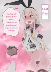 Rule 34 | 1boy, animal ears, blonde hair, blush, bottomless, chastity cage, elbow gloves, fake animal ears, flat chastity cage, gloves, hard-translated, hime cut, penis, precum, red thighhighs, sannbukousaku, shimakaze (kancolle), skirt, solo, striped clothes, striped thighhighs, tagme, testicles, thighhighs, thighs, third-party edit, tongue, tongue out, trap, two-tone thighhighs, white gloves, white thighhighs