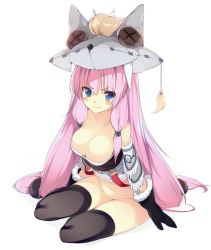 Rule 34 | 1girl, bad id, bad pixiv id, bare shoulders, blue eyes, blush, bottomless, breasts, cleavage, female focus, gloves, highres, hokkana, large breasts, long hair, original, pink hair, simple background, solo, thighhighs, very long hair, white background
