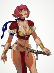 Rule 34 | 1girl, armor, belt, blue choker, bracer, breasts, brown belt, cala, choker, cleavage, green eyes, highres, holding, holding sword, holding weapon, medium breasts, mossacannibalis, navel, parted lips, pauldrons, pelvic curtain, pink hair, pointy ears, ribbon choker, short hair, shoulder armor, simple background, solo, standing, sword, viper, viper rsr, weapon, white background