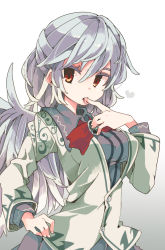 Rule 34 | 1girl, aoi kujira, bow, bowtie, braid, breasts, dress, french braid, gradient background, hand on own hip, heart, jacket, jacket gap, kishin sagume, licking, licking finger, long sleeves, looking at viewer, medium breasts, open mouth, purple dress, red eyes, saliva, short hair, silver hair, simple background, single wing, solo, tongue, touhou, white background, wings