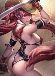 Rule 34 | 1girl, absurdres, aqua eyes, ass, azhang, bikini, breasts, butt crack, closed mouth, commentary, cowboy hat, dual wielding, fur trim, gloves, hat, highres, holding, holding sword, holding weapon, kagura (oneechanbara), katana, large breasts, lips, long hair, looking back, oneechanbara, pink hair, sideboob, simple background, solo, swimsuit, sword, thighs, weapon