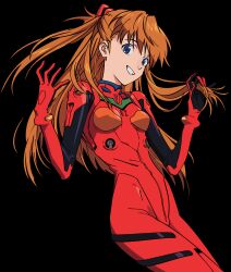 Rule 34 | 1girl, absurdres, blue eyes, bodysuit, breasts, brown hair, cowboy shot, curvy, female focus, hair between eyes, happy, highres, long hair, looking at viewer, neon genesis evangelion, non-web source, official art, plugsuit, skin tight, smile, solo, souryuu asuka langley, standing, transparent background, turtleneck, twintails, two side up, wide hips
