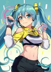 Rule 34 | 1girl, alternate costume, aqua eyes, aqua hair, bare shoulders, breasts, clenched hands, closed mouth, clothing cutout, commentary, cowboy shot, eighth note, fingerless gloves, fitness boxing, gloves, gradient background, gradient hair, hair between eyes, hands up, hatsune miku, headset, highres, kamille (vcx68), long hair, looking at viewer, medium breasts, midriff, multicolored hair, musical note, navel, pants, quarter note, shoulder cutout, shrug (clothing), smile, sports bra, stomach, twintails, very long hair, vocaloid